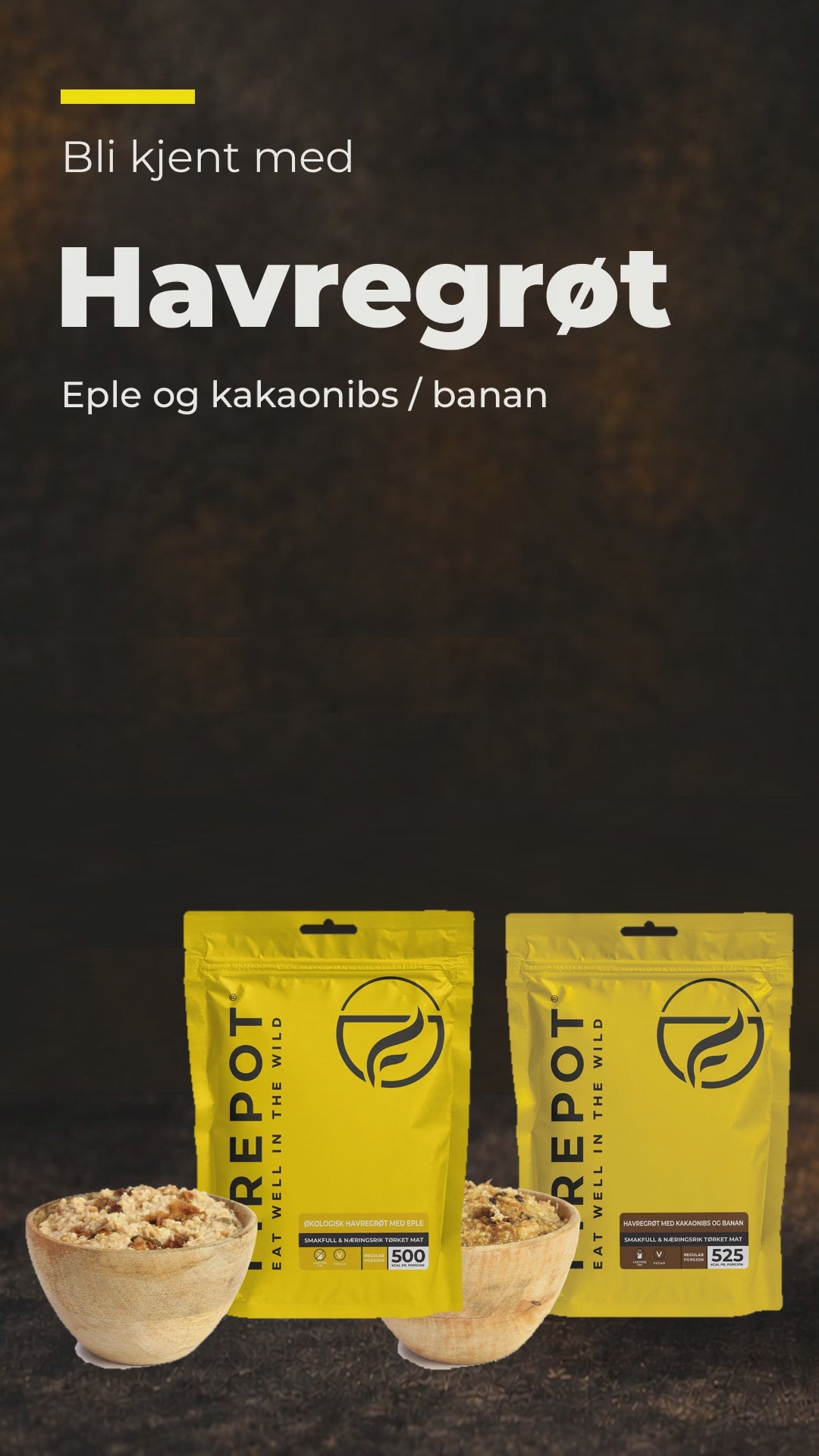 Klaus presenterer Firepot økologisk havregrøt med eple og med kakaonibs og banan